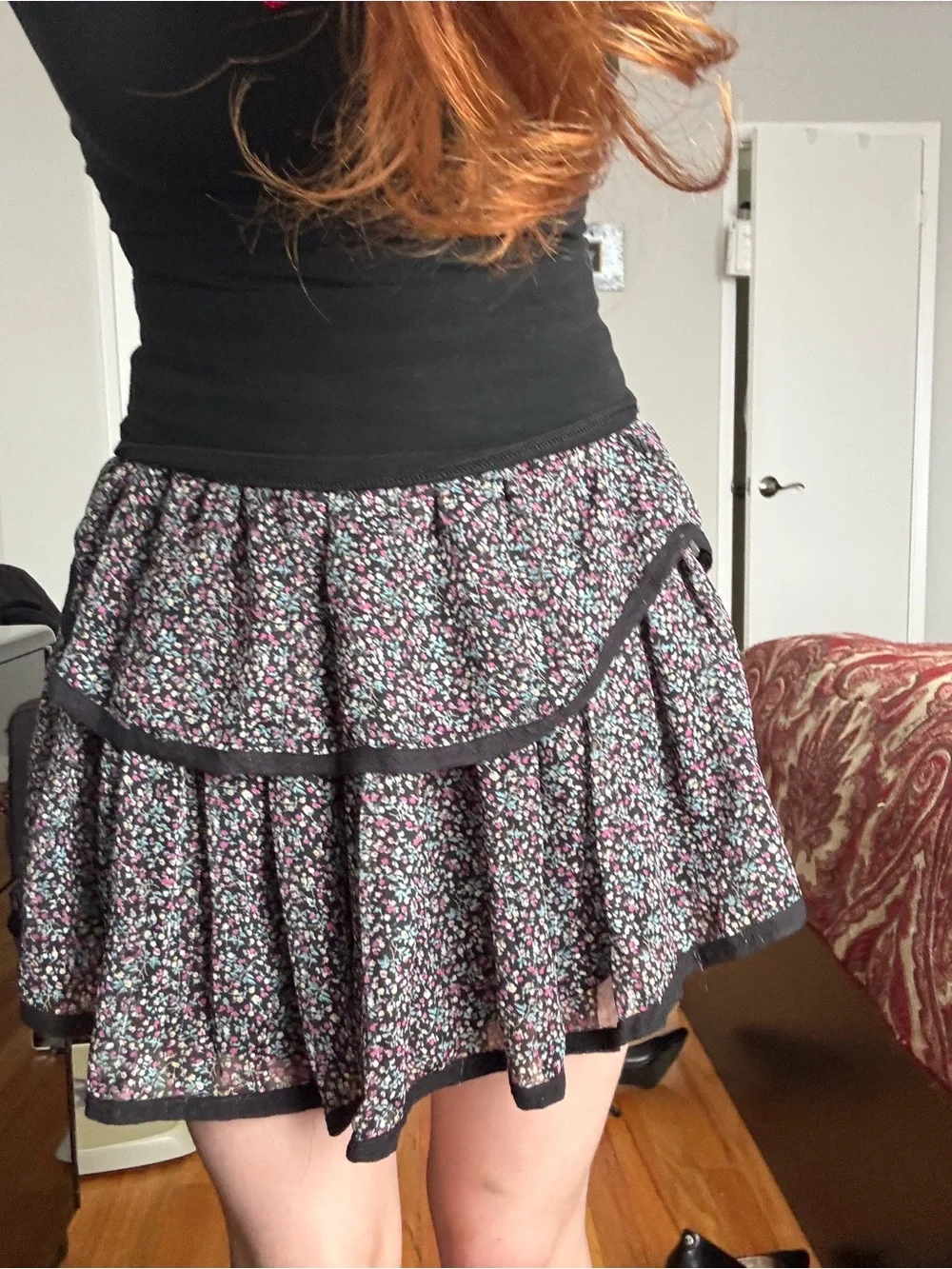Ruffled Tiered Mini Skirt in Black Floral